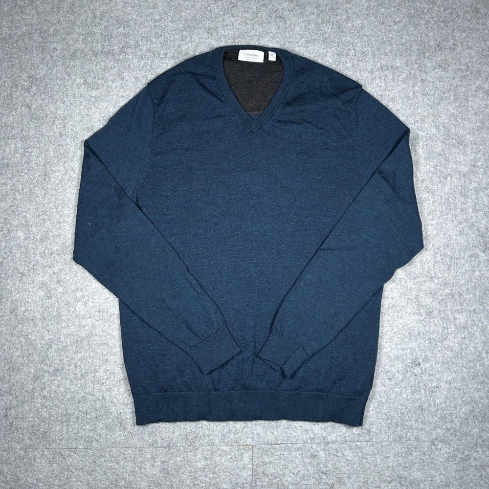 Calvin Klein Sweater Mens Large Blue Extra Fine Merino Wool V-Neck Pullover
